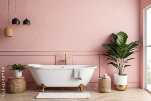 White Freestanding Tub in a Pink Bathroom with Plants and Wicker Accents photo