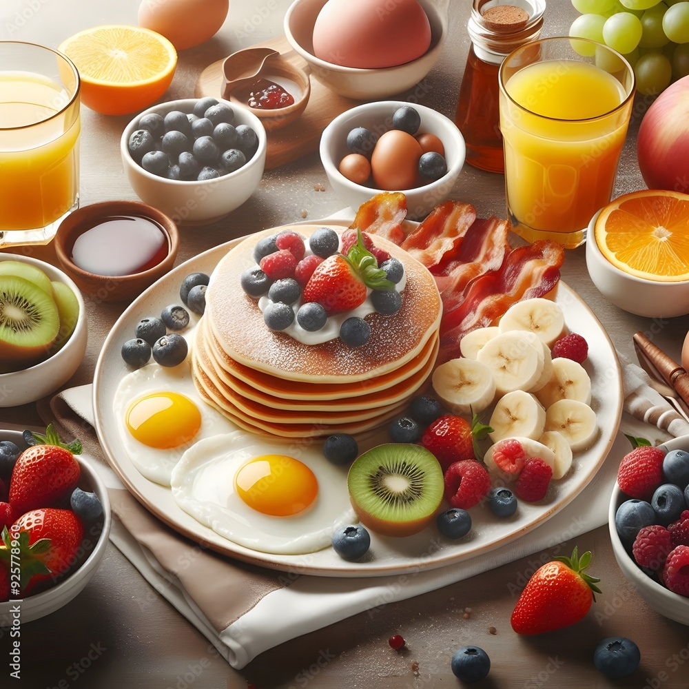 Delicious Breakfast with Pancakes, Bacon, Eggs, and Fruit Delicious Breakfast with Pancakes, Bacon, Eggs, and Fruit