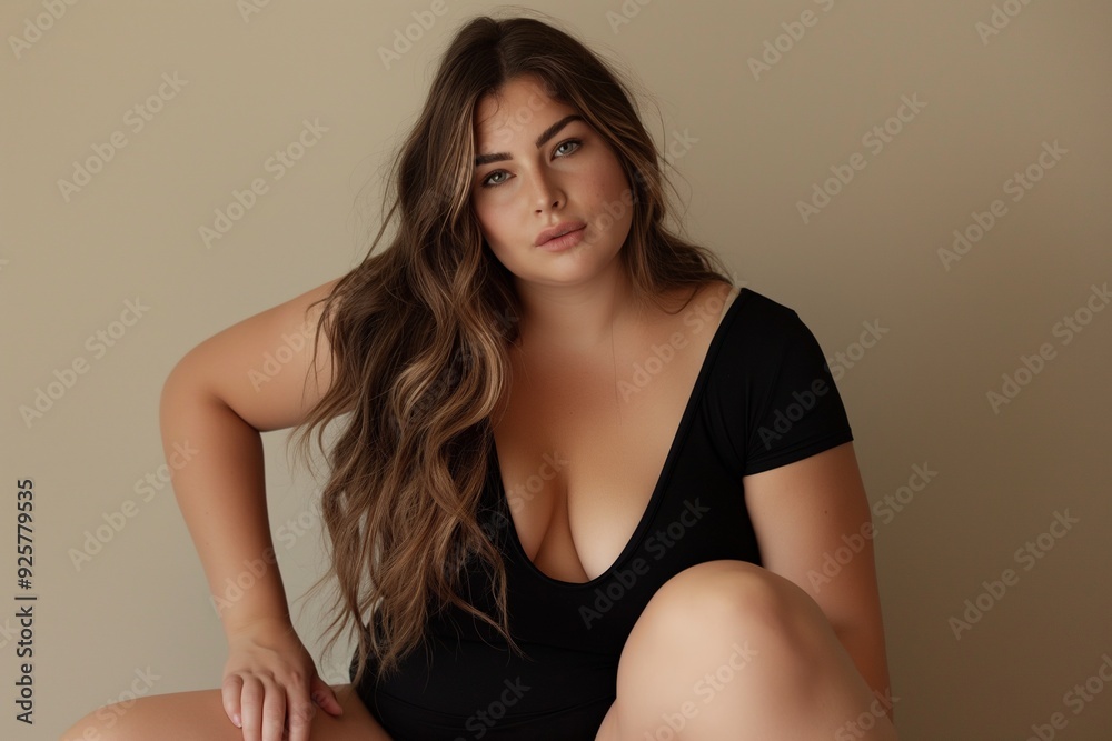 Obraz premium Portrait of a woman with long brown hair wearing a black top, looking at the camera with a serious expression.