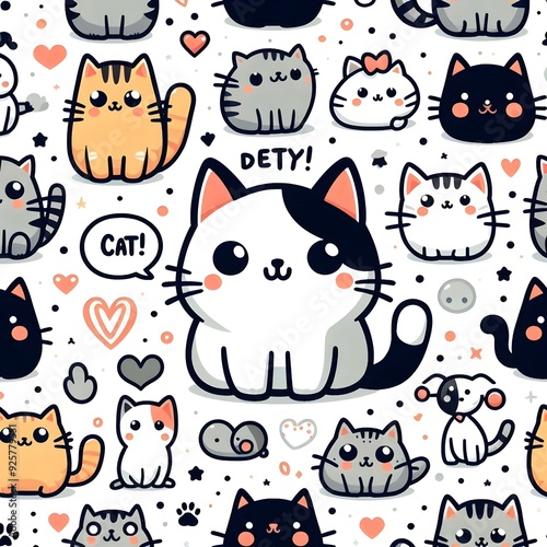 Cute Cat Pattern with Hearts and Stars