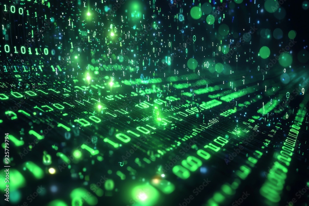 Green Dark Binary Code with Data Streaming Background created with Generative AI Green Dark Binary Code with Data Streaming Background created with Generative AI