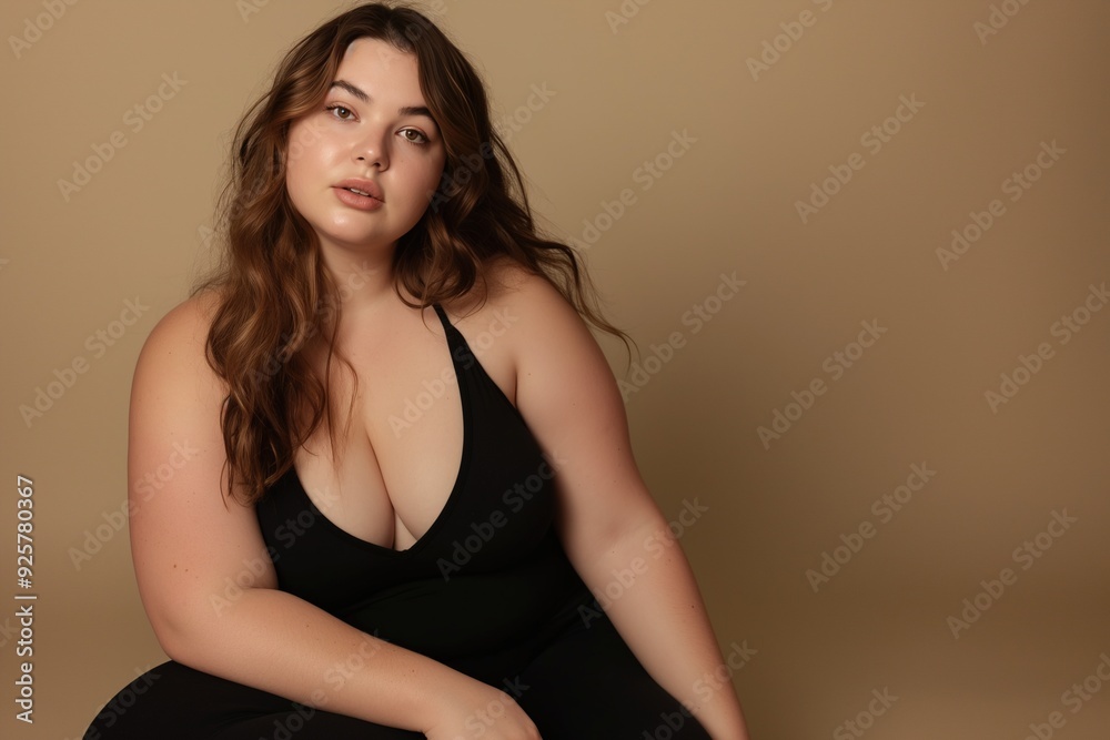 Portrait of a young woman with long brown hair wearing a black sleeveless top against a beige background. Portrait of a young woman with long brown hair wearing a black sleeveless top against a beige background.