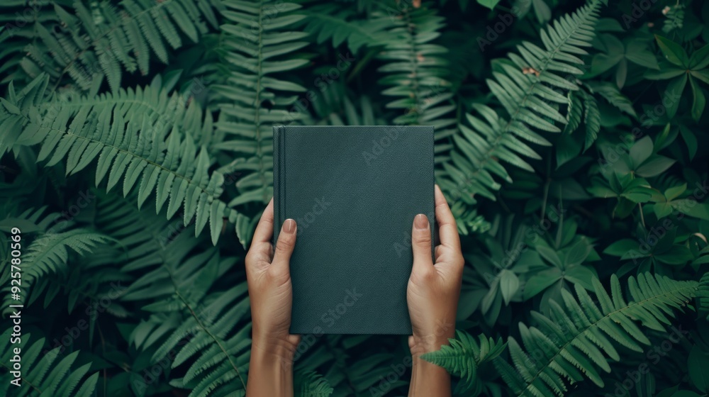 Hands holding book in hard cover mock up on wood table Hands holding book in hard cover mock up on wood table