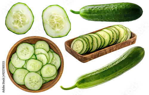 Organic Green Cucumbers Cluster Isolated on Transparent Background for Diet and Natural Food Marketing photo