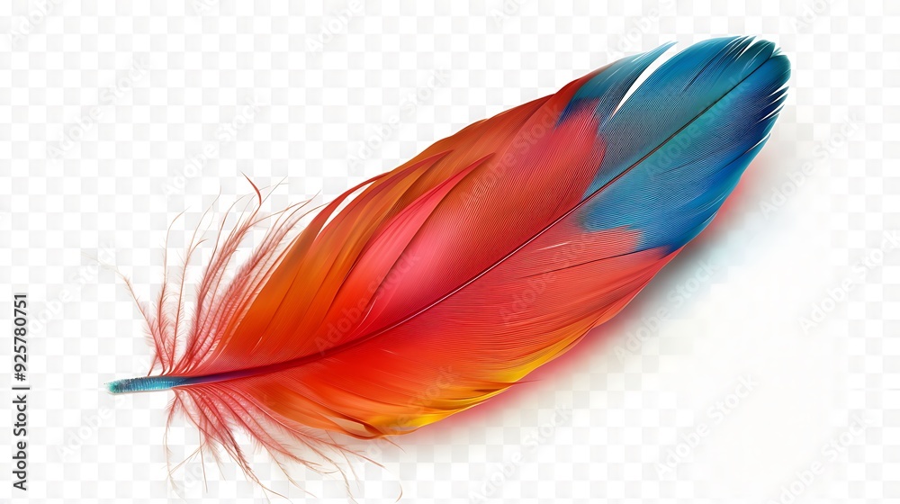 A striking image of a colorful macaw feather with bold reds and blues, isolated on a transparent background for emphasis. A striking image of a colorful macaw feather with bold reds and blues, isolated on a transparent background for emphasis.