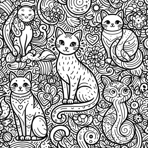 Cute Cats and Floral Swirls Black and White Seamless Pattern
