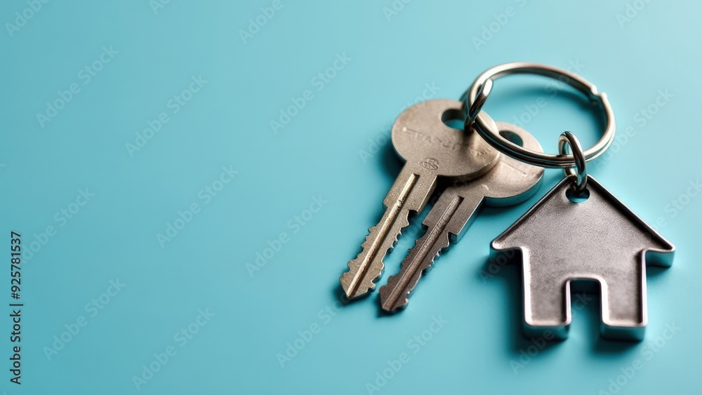 House keys with a keychain in the shape of a house on a plain blue background House keys with a keychain in the shape of a house on a plain blue background