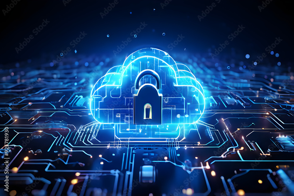 Stylized cloud icon integrates with secure padlock symbol, abstract ...