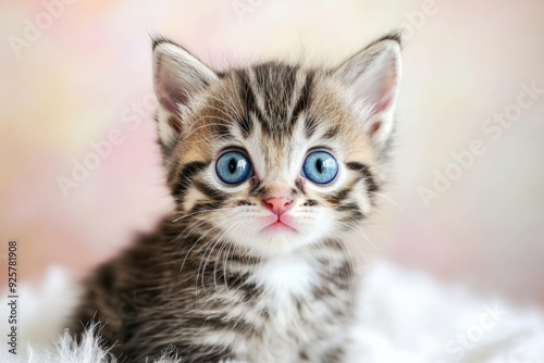 Adorable tabby kitten with big blue eyes looking directly at camera with curiosity
