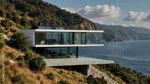 modern cantilevered home built on a steep mountainside with stunning sea views