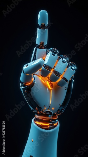 White mechanical hand, one finger pointing upwards