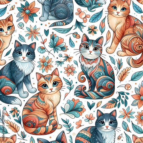 Seamless Pattern of Ornamental Cats and Flowers