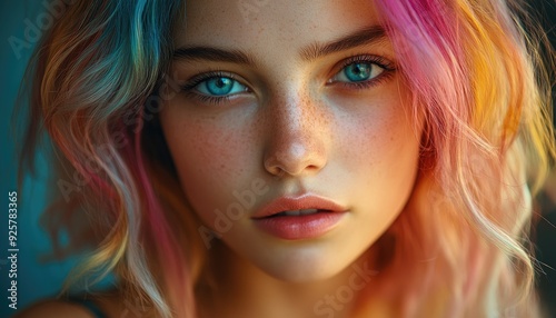Closeup portrait of a woman with blue eyes and pink hair
