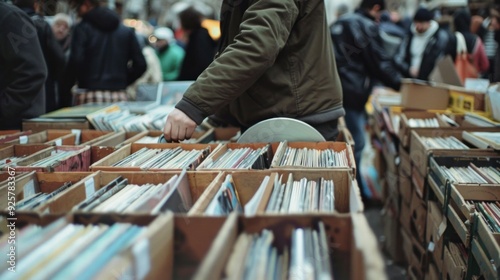 People dig through crates of vinyls