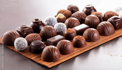 Chocolate Background, Assorted Dark Chocolate in Various Shapes Arranged on a Wooden Cutting Board, Highlighting the Rich Texture and Elegant Presentation, with a Rustic Background for a Gourmet Food