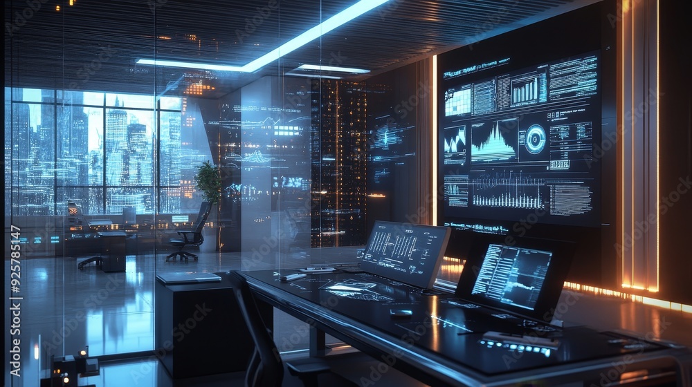 Modern Digital Workplace - Futuristic Office Setup with High-Tech Gadgets and Graphs for Data Analysis Modern Digital Workplace - Futuristic Office Setup with High-Tech Gadgets and Graphs for Data Analysis