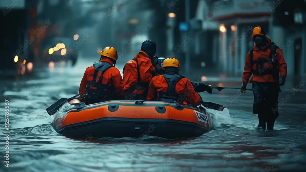 Rescuers search for people trapped in floods using rubber boats