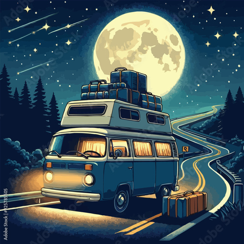 car in the night with full moon
