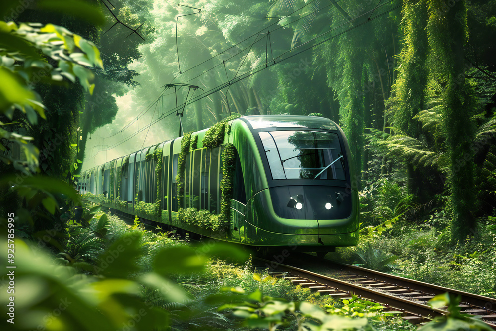 Naklejka premium Futuristic Eco-Friendly Train Journey Through a Lush Jungle - Modern Green Transportation in a Tropical Setting