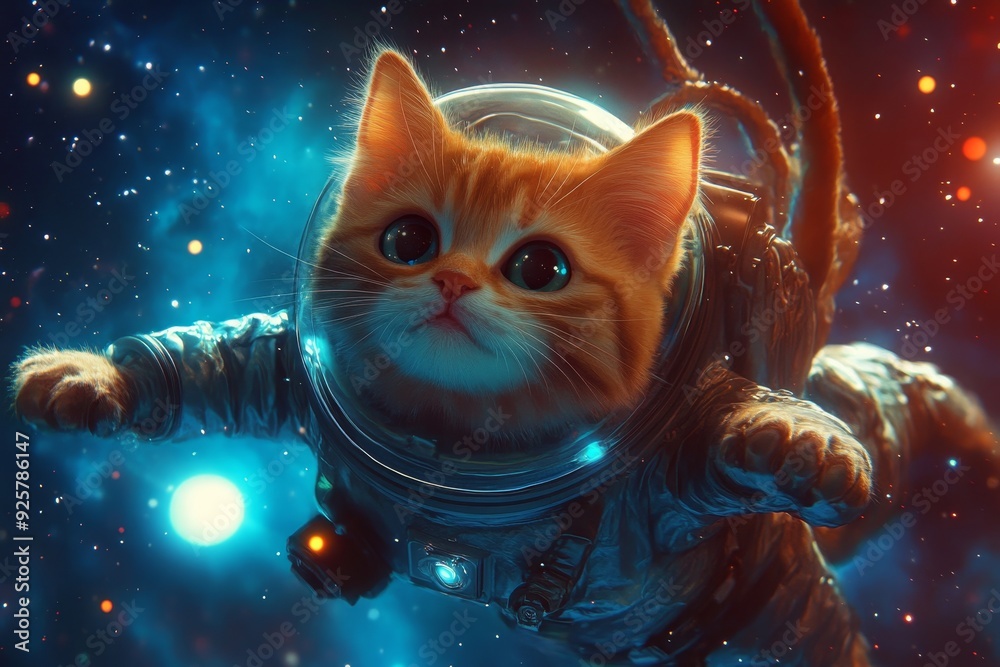 Adventurous Galactic Cat Floating in Space Suit among the Cosmos Adventurous Galactic Cat Floating in Space Suit among the Cosmos