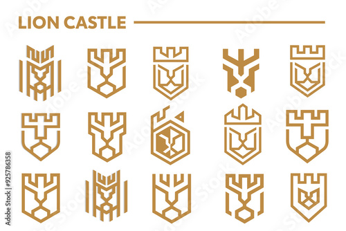 lion castle icon set logo design . vector illustration