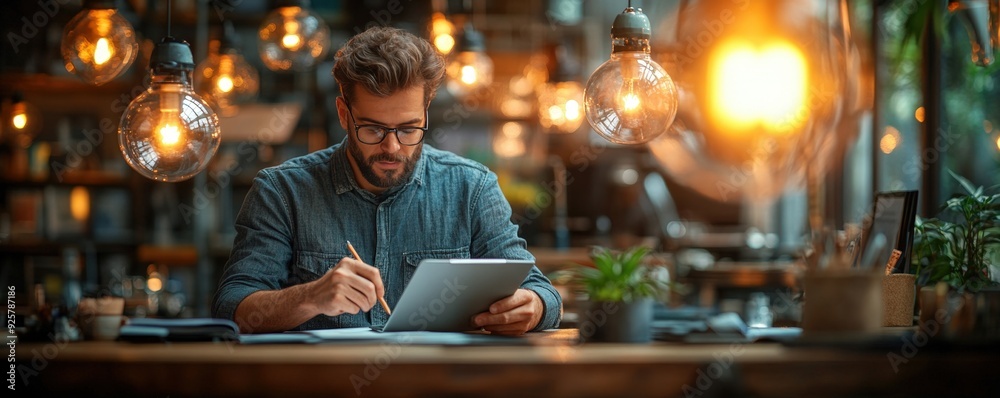 Entrepreneur writing down fresh ideas for a new business venture in a modern cafe, venture, entrepreneurship, creativity Entrepreneur writing down fresh ideas for a new business venture in a modern cafe, venture, entrepreneurship, creativity