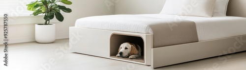 A cozy room featuring a dog resting in a stylish underbed nook, complemented by a vibrant plant, creating a serene atmosphere. photo