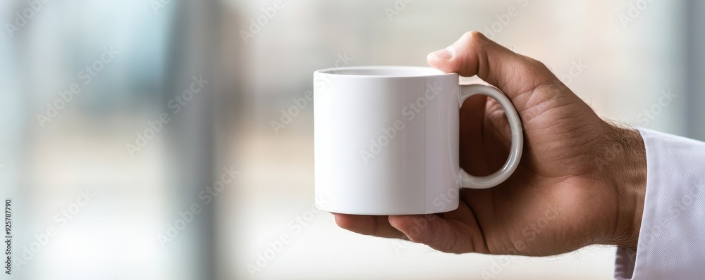 A hand holding a blank white mug against a blurred background, perfect for customization or branding in beverage photography. A hand holding a blank white mug against a blurred background, perfect for customization or branding in beverage photography.