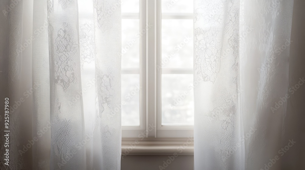 Overhead shot of a window with lace curtains, empty space for text Overhead shot of a window with lace curtains, empty space for text