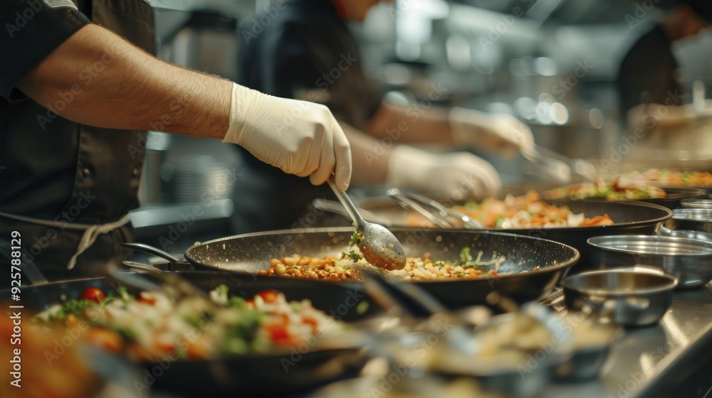 Fototapeta premium Staff at a bustling restaurant working efficiently, capturing the dynamic environment of a busy eatery, ideal for food service advertisements and hospitality visuals
