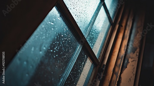 Overhead shot of a window with raindrops, open space for text or branding