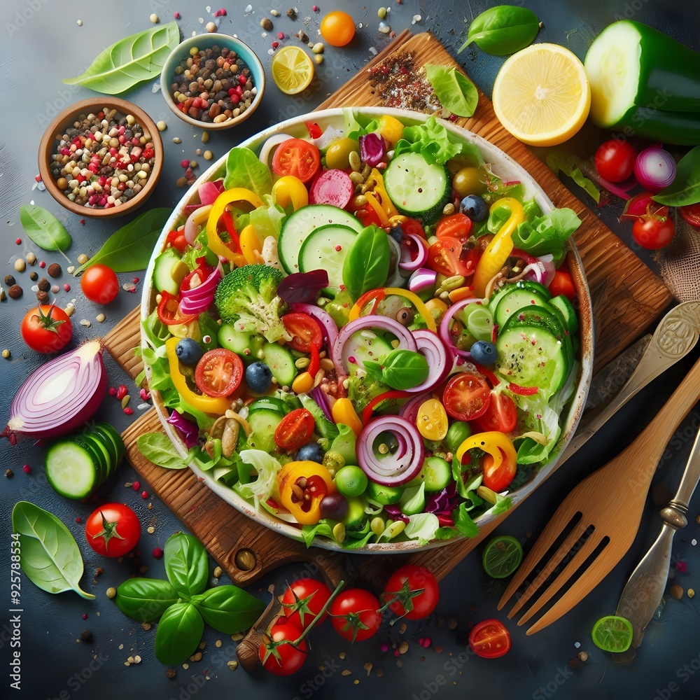 Fresh and Vibrant Salad with Colorful Vegetables and Herbs Fresh and Vibrant Salad with Colorful Vegetables and Herbs