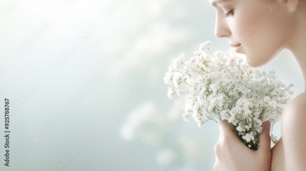 A serene moment featuring a woman gently holding a bouquet of delicate flowers, embodying grace and tranquility. A serene moment featuring a woman gently holding a bouquet of delicate flowers, embodying grace and tranquility.