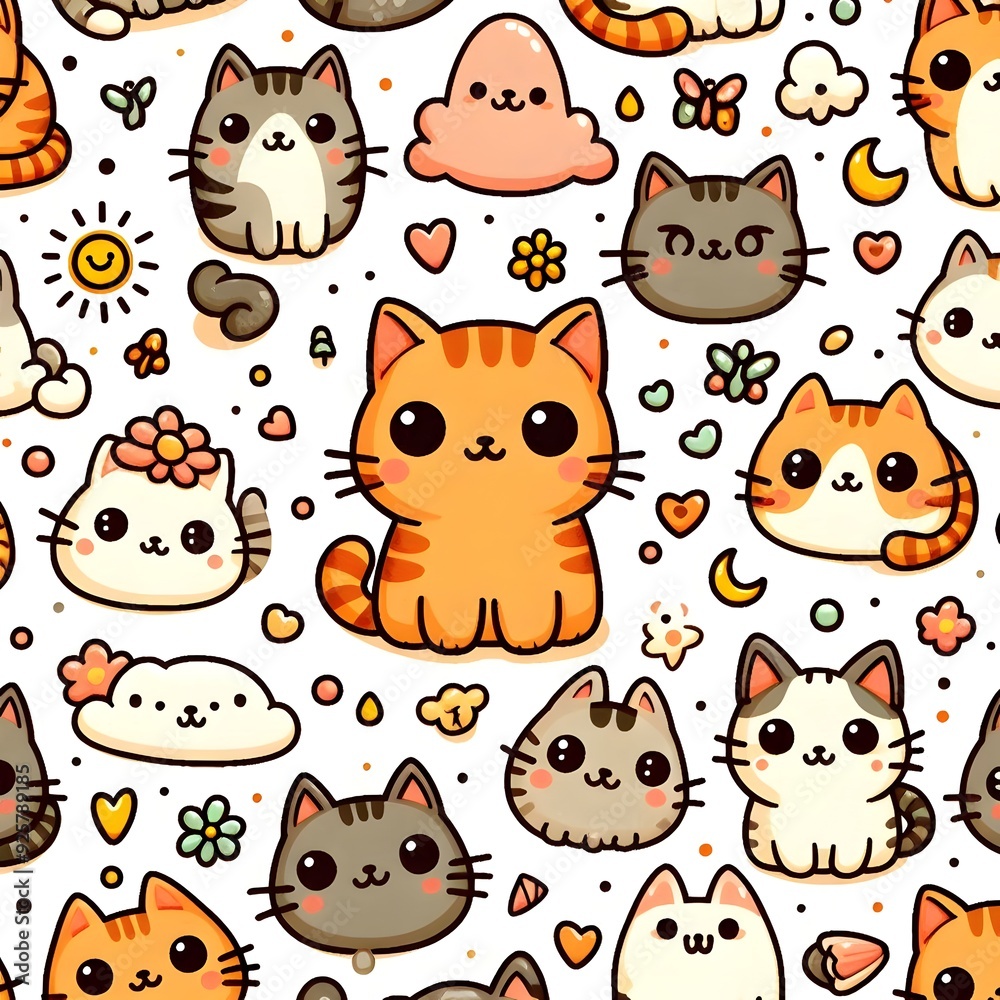 Seamless Pattern with Cute Cartoon Cats and Doodle Elements Seamless Pattern with Cute Cartoon Cats and Doodle Elements