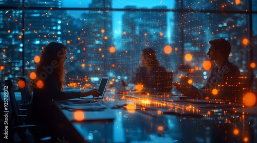 Professionals engaged in a productive roundtable meeting, with a network-themed abstract blur in the background, showcasing teamwork.
