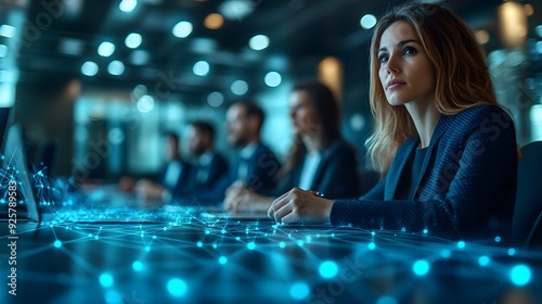 Business executives collaborating at a roundtable, with an abstract blurred network backdrop, highlighting effective teamwork. photo