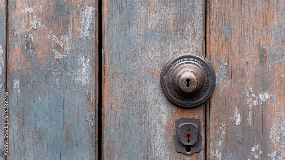 Top view of a door with a doorknob and lock, clean area with space for text Top view of a door with a doorknob and lock, clean area with space for text