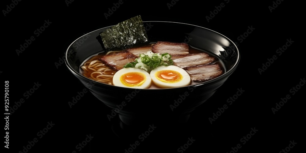 Savory Symphony in Black: Japanese Ramen with Grilled Pork and Soft-Boiled Eggs Presented in a Stylish Black Bowl
