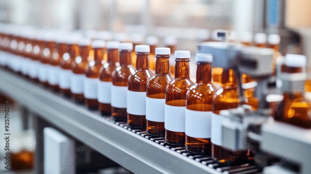 Assembly line of amber glass bottles ready for packaging in a modern pharmaceutical factory environment. Assembly line of amber glass bottles ready for packaging in a modern pharmaceutical factory environment.