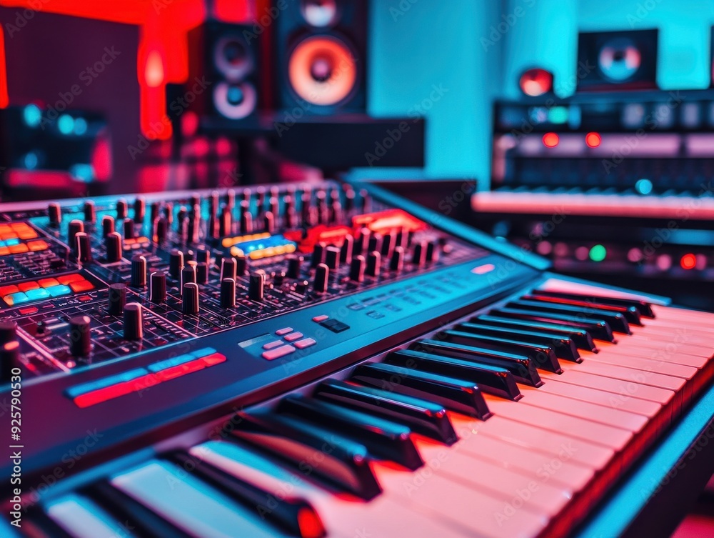 Close-up of a vibrant synthesizer and keyboard in a modern music studio, featuring colorful lights and professional sound equipment. Close-up of a vibrant synthesizer and keyboard in a modern music studio, featuring colorful lights and professional sound equipment.