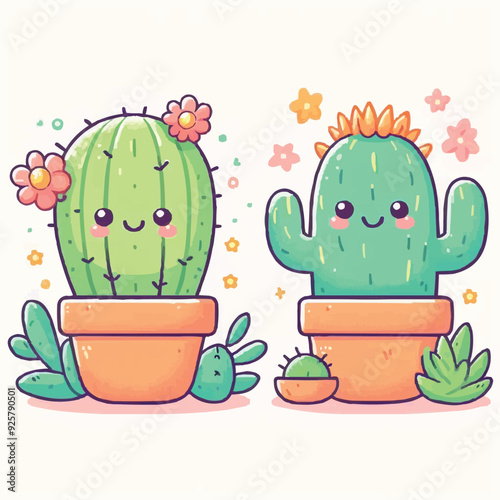 Seamless pattern with cactuses and pink flowers. Cute vector flat background