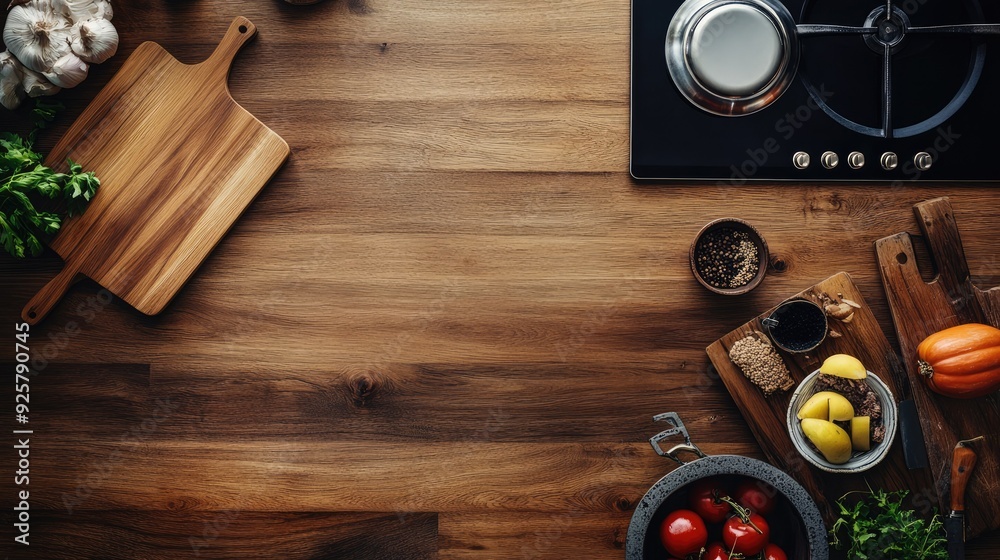 Fototapeta premium Top view of a kitchen counter with a cutting board, open space for copy