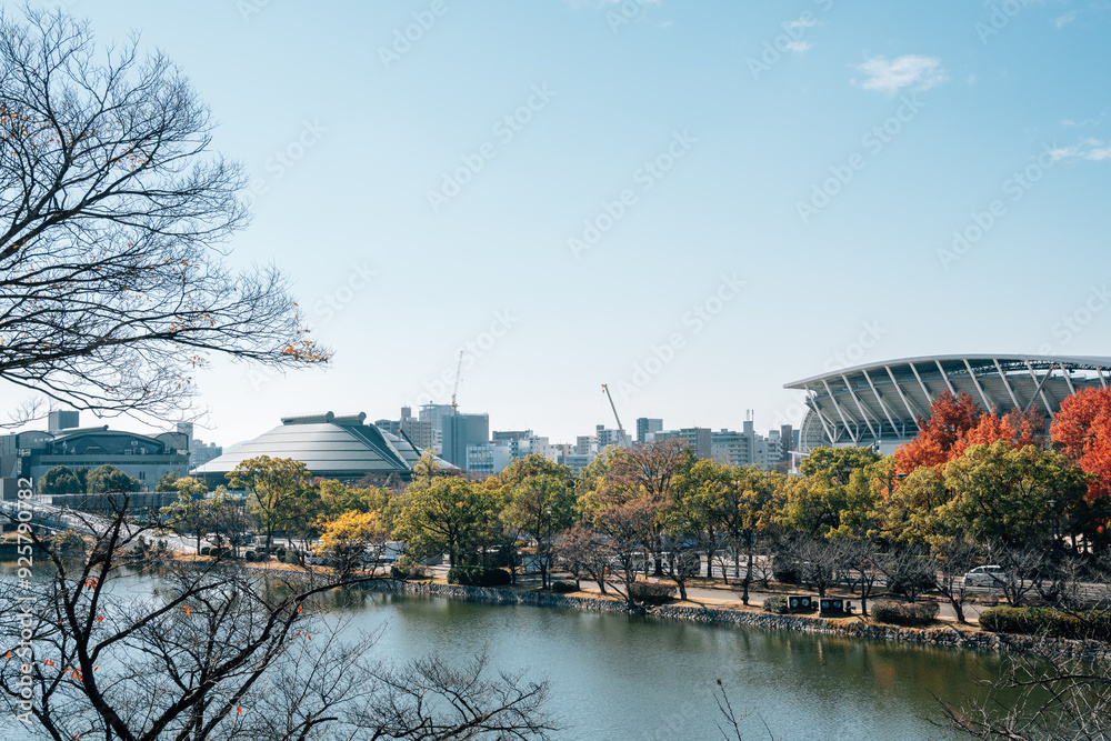 Hiroshima city view and castle park in Hiroshima, Japan