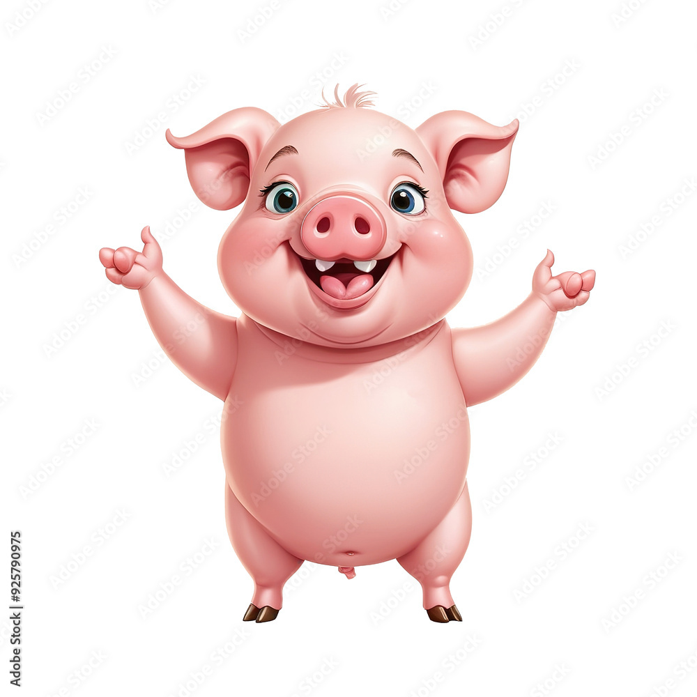 Happy cartoon pig, smiling, transparent background