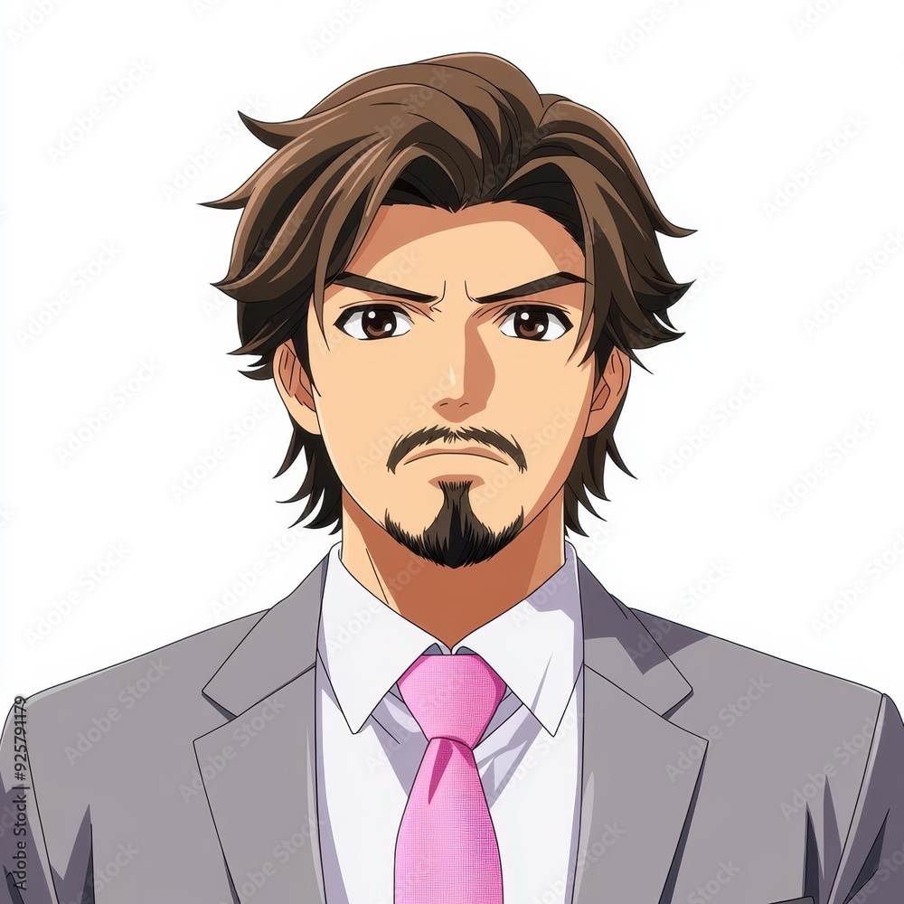A determined yearold male in a grey and pink animestyle suit, sporting shaggy brown hair and a goatee. A determined yearold male in a grey and pink animestyle suit, sporting shaggy brown hair and a goatee.