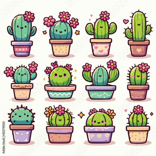 Seamless pattern with cactuses and pink flowers. Cute vector flat background