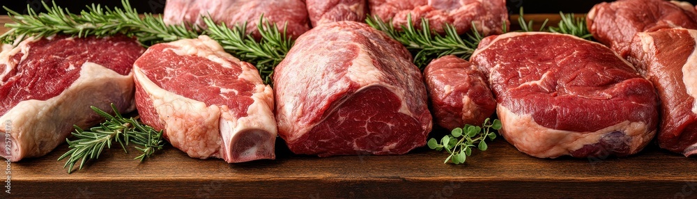 Fresh cuts of red meat arranged with herbs, perfect for culinary inspiration and gourmet recipes. Fresh cuts of red meat arranged with herbs, perfect for culinary inspiration and gourmet recipes.