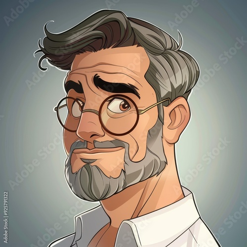 A quirky cartoon man with stylish brown hair, a short graystreaked beard, and round glasses ready for adventure photo