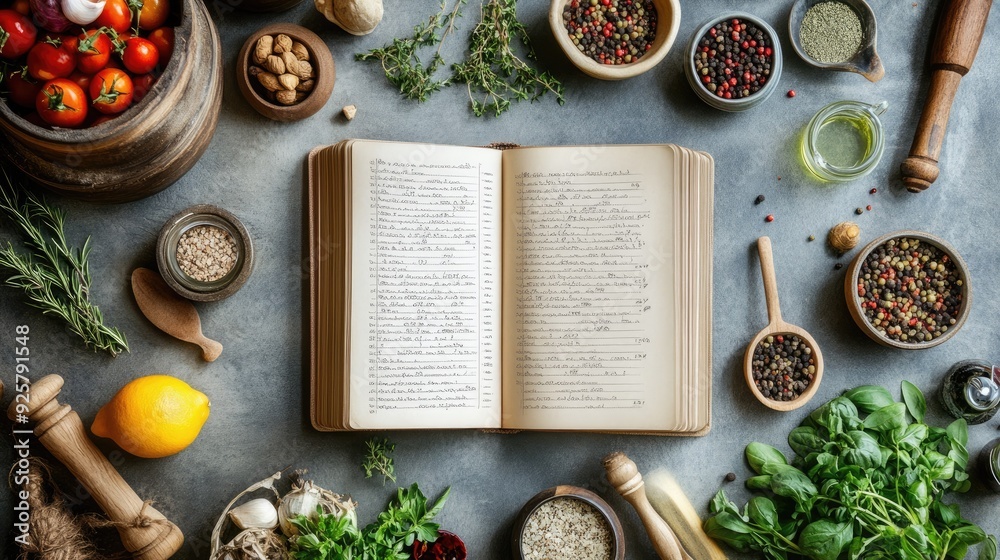 Top view of a kitchen island with a recipe book, ample copy space around Top view of a kitchen island with a recipe book, ample copy space around