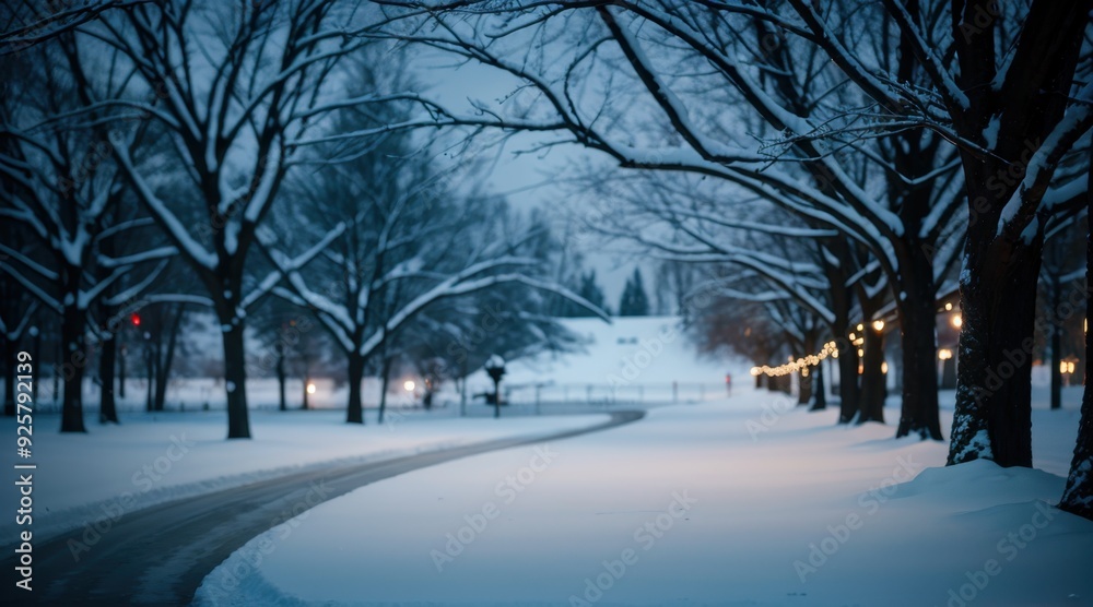 Quiet snow path with trees amidst twilight backdrop Quiet snow path with trees amidst twilight backdrop
